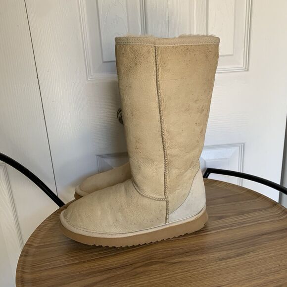Classic Tall Beige Water-resistant Suede Boots US 7 Women SheepsKin 13 In Tall - Picture 13 of 16